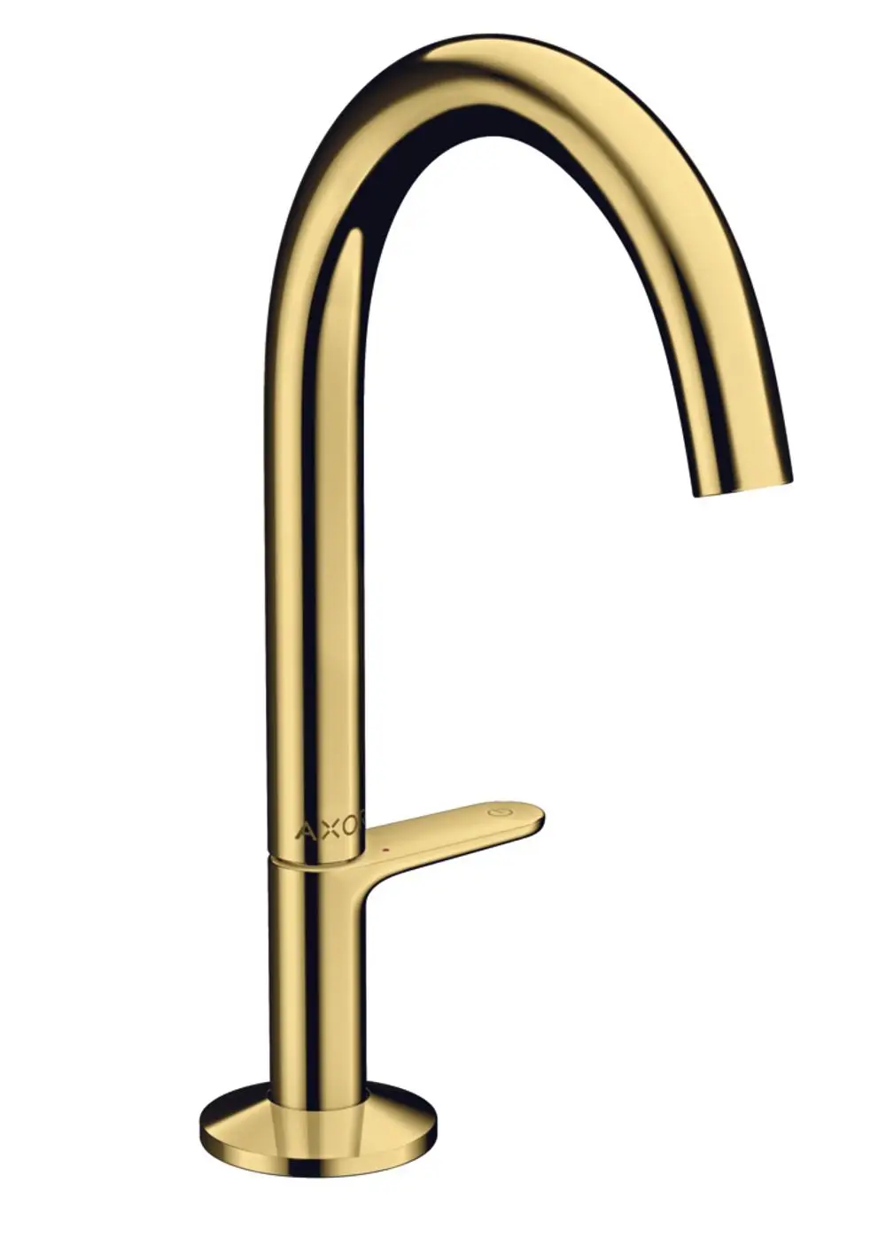 Ein Waschtischmischer von AXOR in polierter Goldoptik mit einem schlanken, gebogenen Auslauf und einem Bedienhebel an der Seite für die Wasserregulierung.